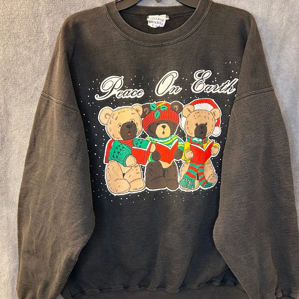 Vintage Christmas XL Peace On Earth Teddy Bears College Ware USA Sweatshirt